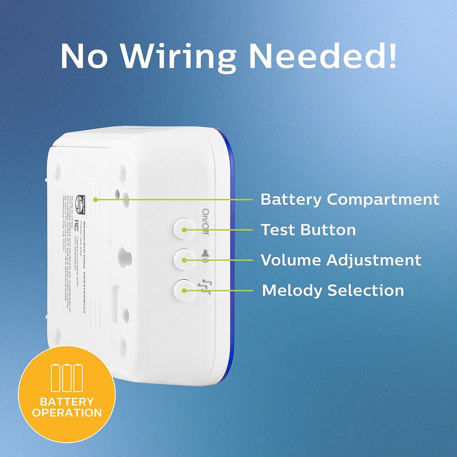 Philips Battery-Operated 32-Melody Door Chime, 1 Receiver, 1 Push Button, White, 6.4in, DES3140W/27
