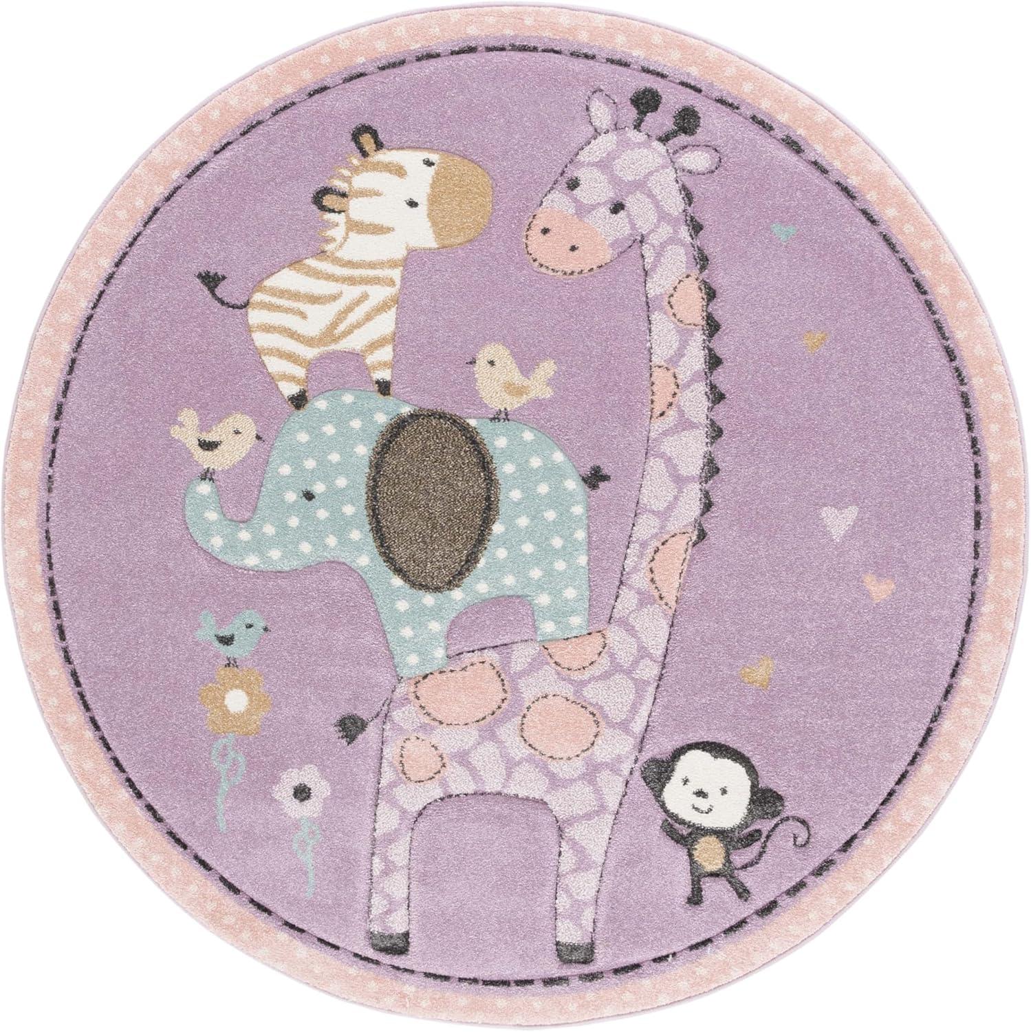 SAFAVIEH Carousel Kids Taneka Animals at Play Area Rug, Purple, 5'3" x 5'3" Round