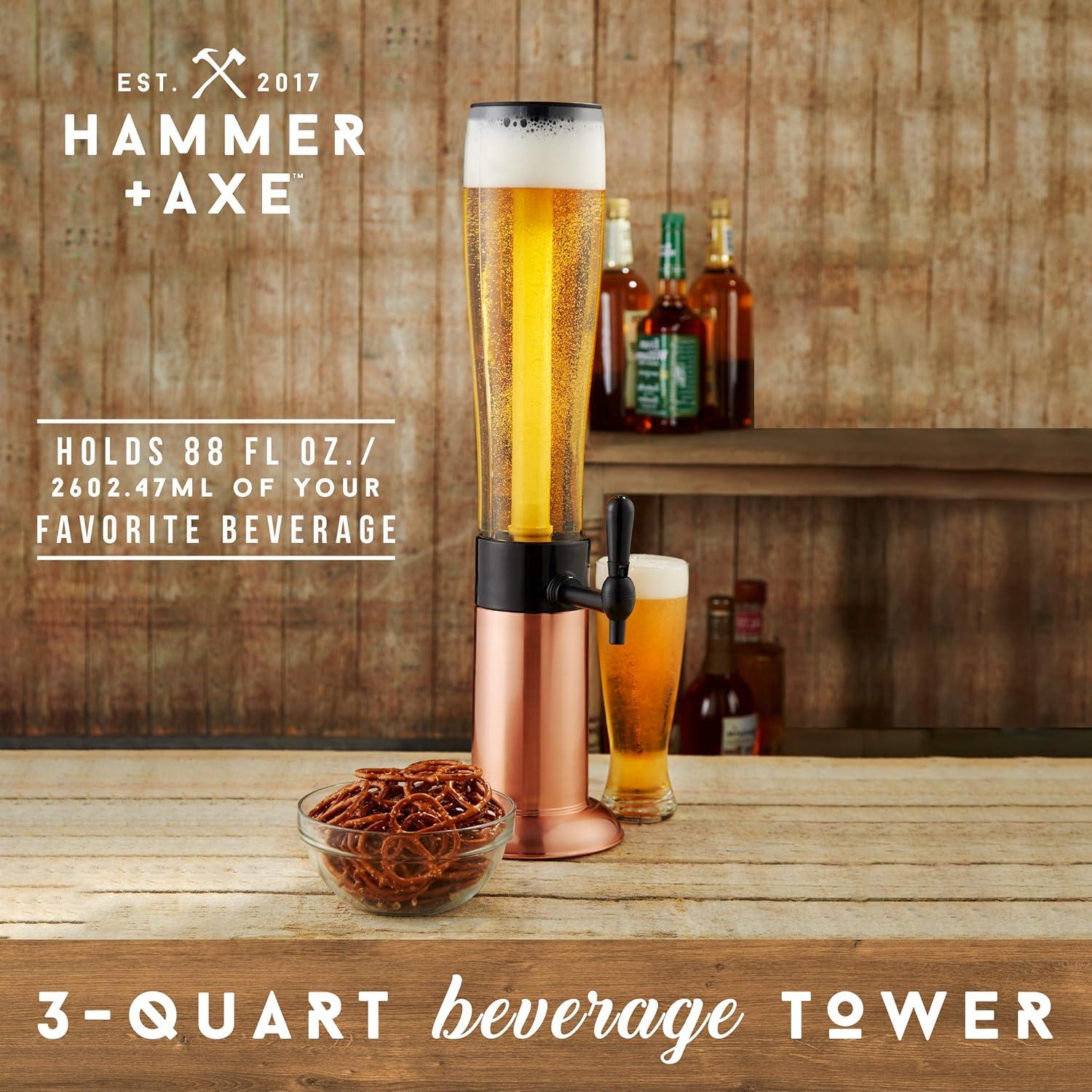 Hammer + Axe Beer Tower Drink Dispenser with Pro-Pour Tap and Freeze Tube to Keep Beverages Ice Cold, Perfect for Parties and Gameday, Home Bar Accessories, 2.75 Qt./2.6 L, Copper Finish