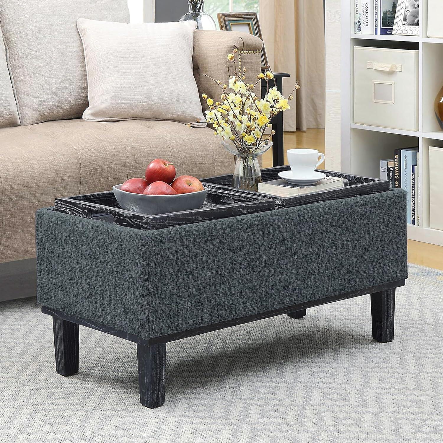 Gray Linen Tufted Storage Ottoman with Reversible Trays