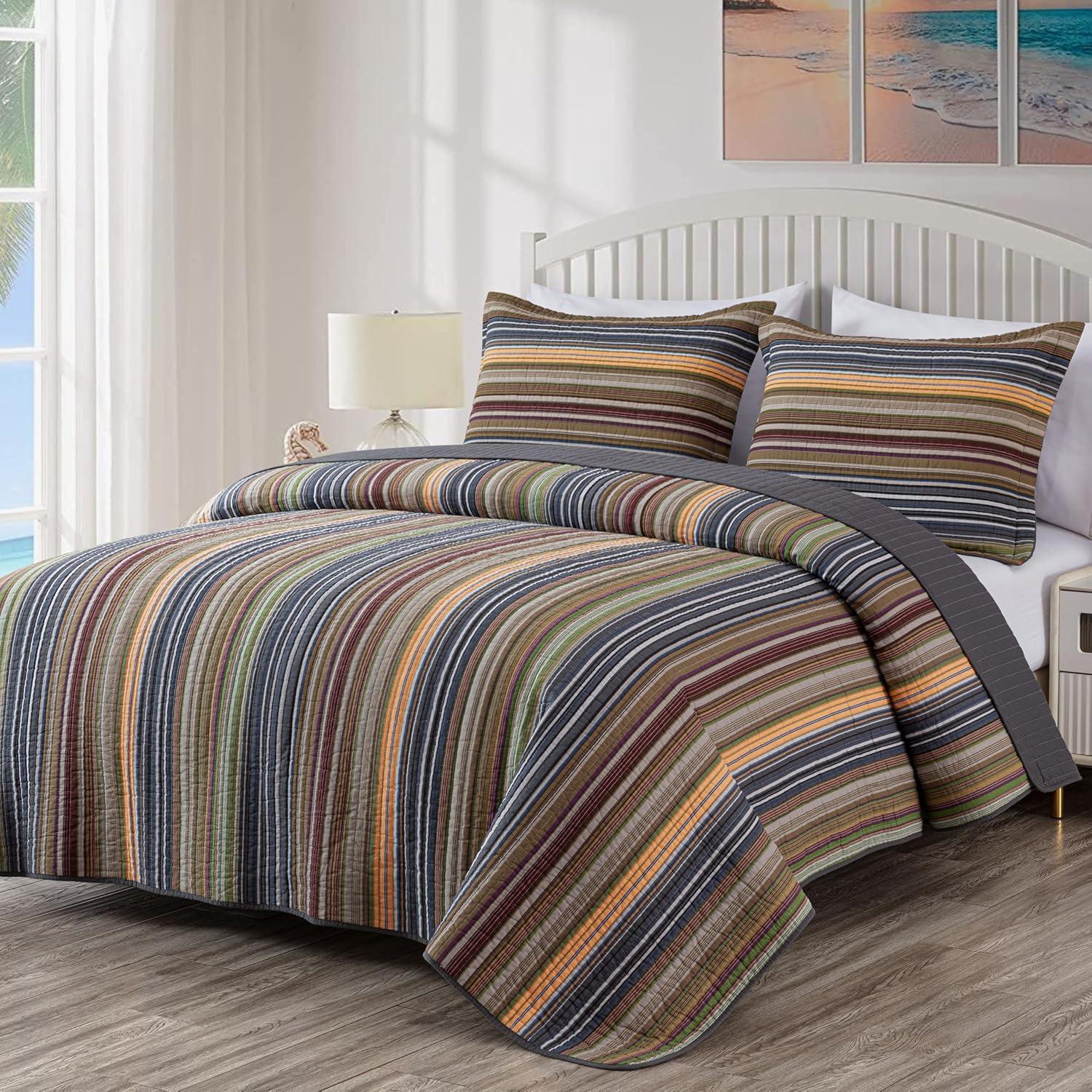 Chezmoi Collection Cotton Quilted Striped Quilt Set