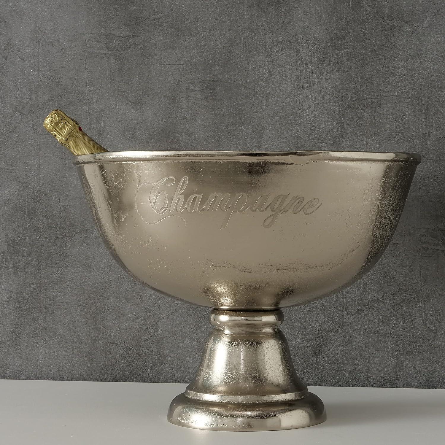 Luxury Champagne Ice Bucket, Elegant Script Text Details, Hand Cast, Silver Aluminum, 18.5 inches