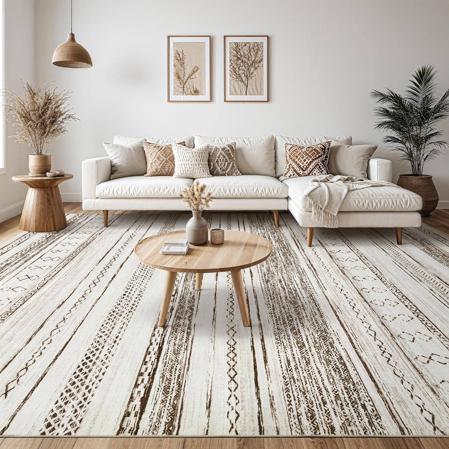Tortania Area Rug Living Room Rugs - 5x7 Washable Large Soft Neutral Boho Moroccan Bohemian Farmhouse Rug Indoor Floor Carpet for Bedroom Under Dining Table Home Office Decor - Cream Brown