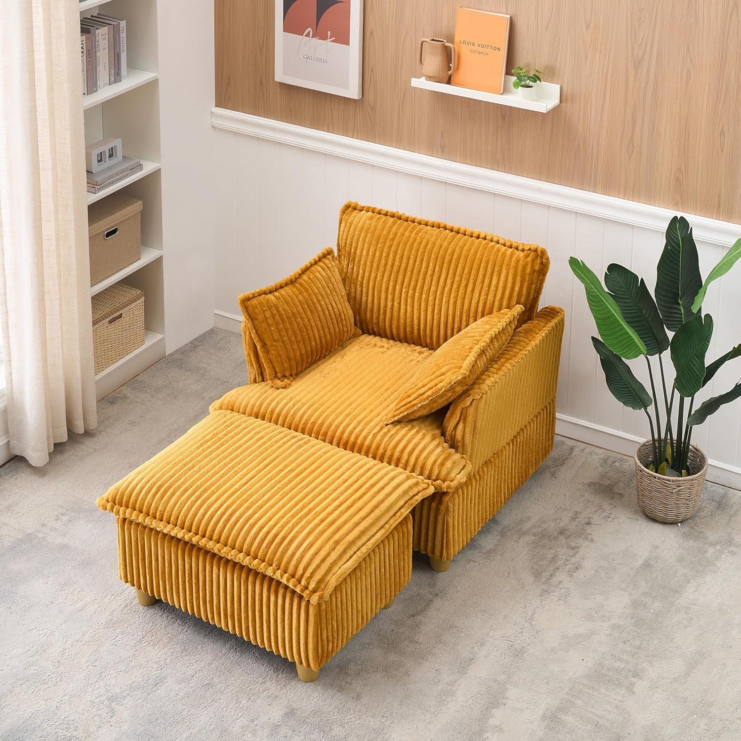 Everly Quinn This single-seat corduroy sofa comes with an ottoman and throw pillows