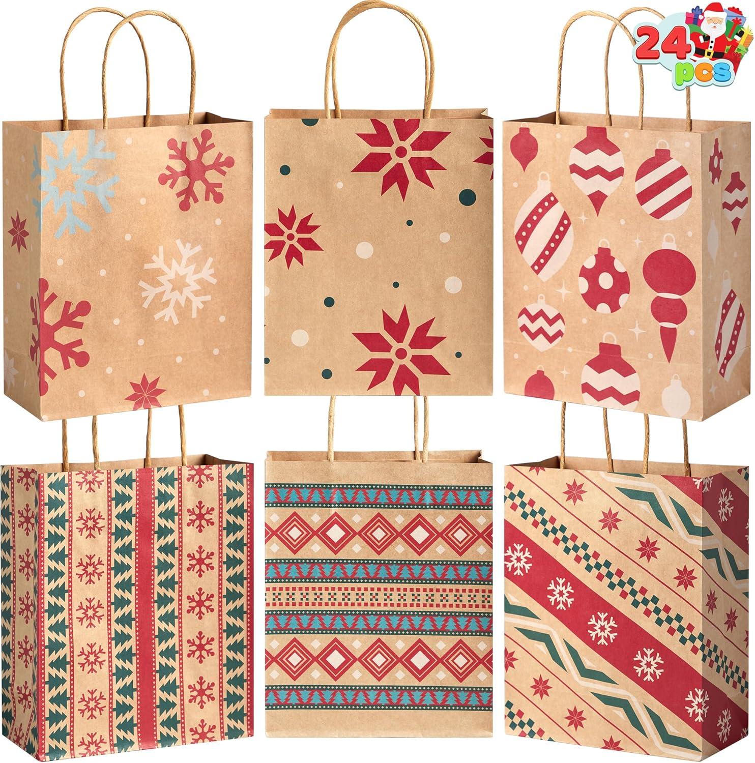 Assorted Kraft Christmas Gift Bags with Festive Designs, 24-Pack