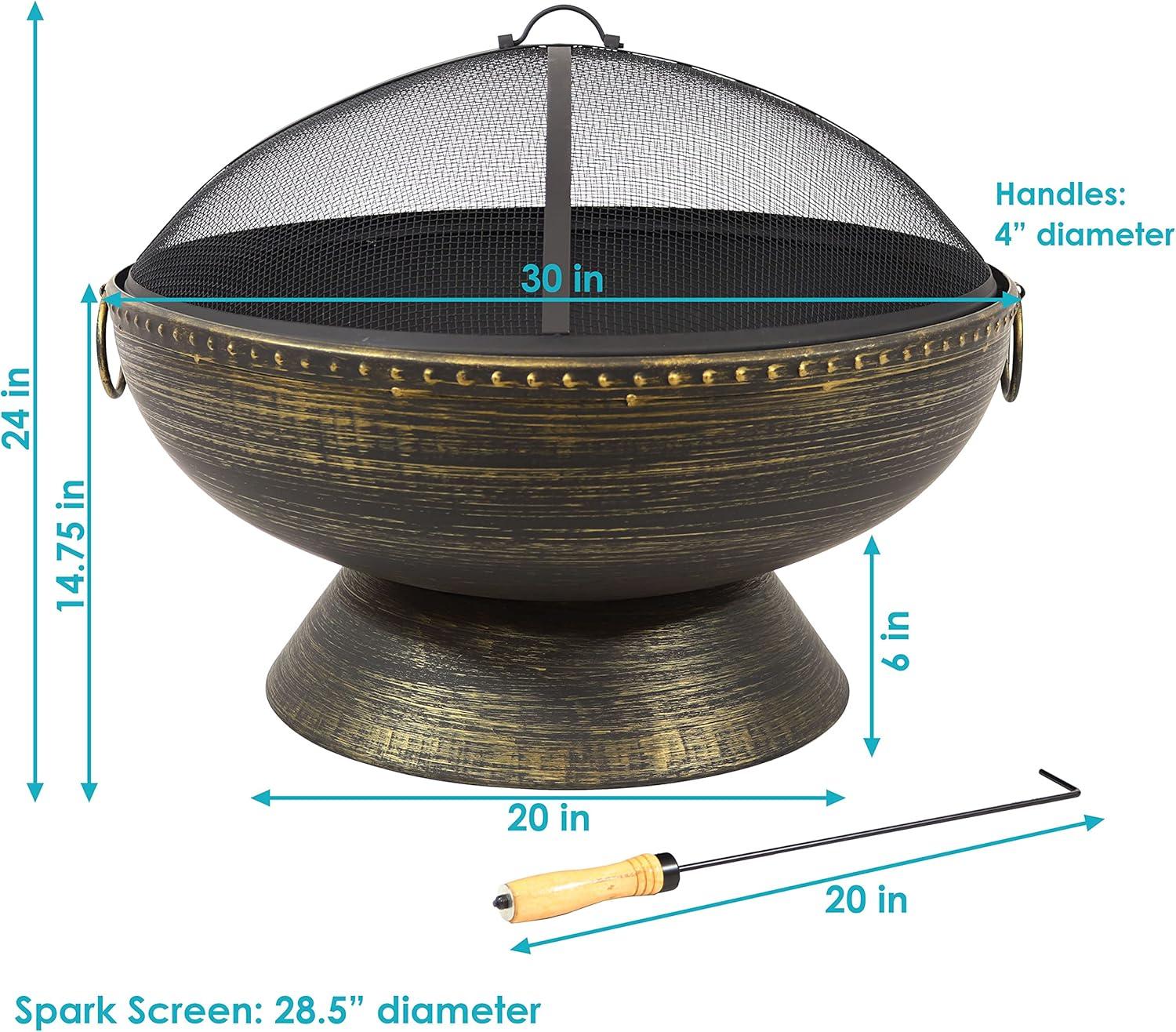 SunnyDaze Decor 30" Wood-Burning Black Finish Steel Fire Pit Bowl with Screen, Grate, and Poker