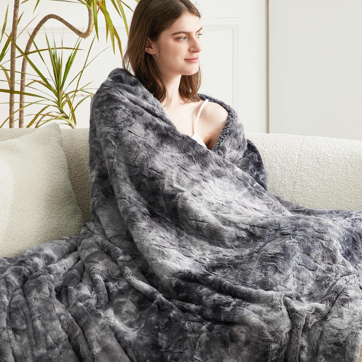 Soft Faux Fur Throw Blanket Grey - Tie - dye Fuzzy Fluffy Cozy Warm Plush Furry Shag Thick Sherpa Shaggy Throws and Blankets Couch, Sofa, Bed, 50x60 inches