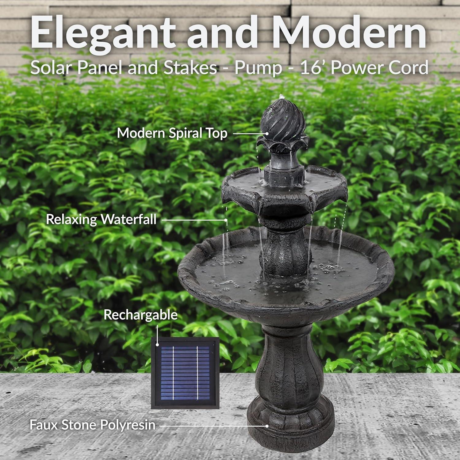 Sunnydaze Outdoor 2-Tier Solar Powered Water Fountain with Battery Backup and Submersible Pump - 35" - Black Earth Finish