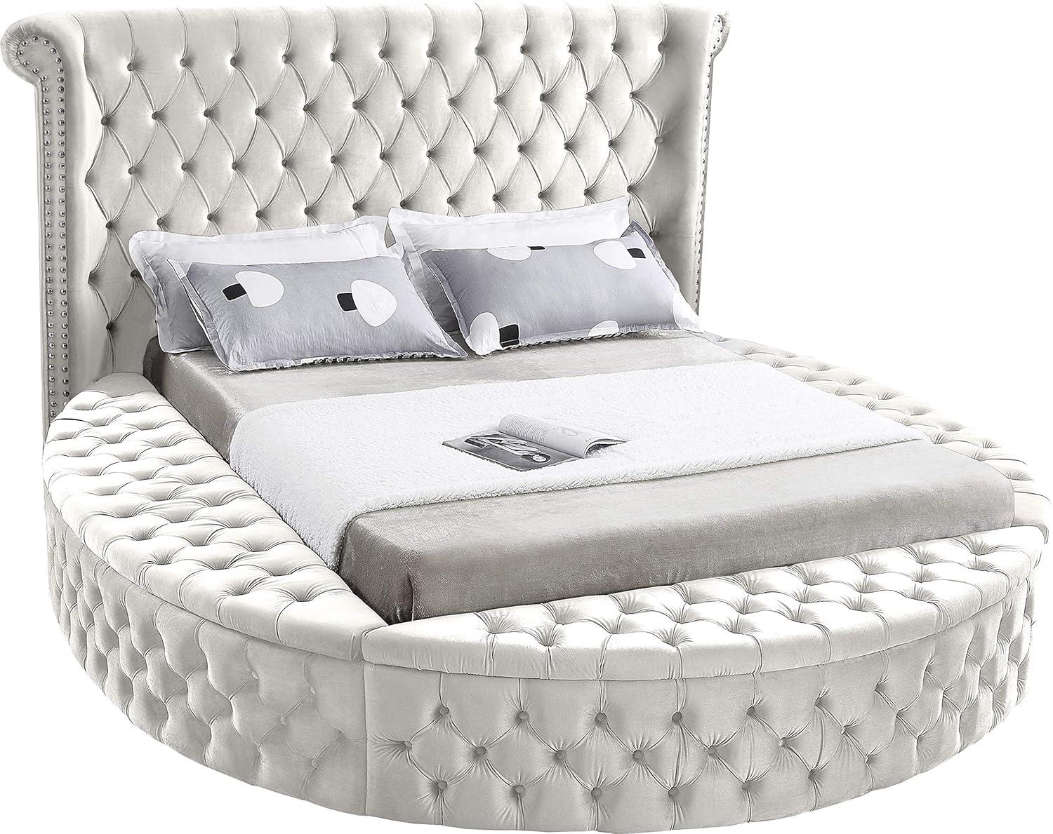 Meridian Furniture King Size Deep Button Tufting Modern Velvet Platform Bed with Storage, Cream