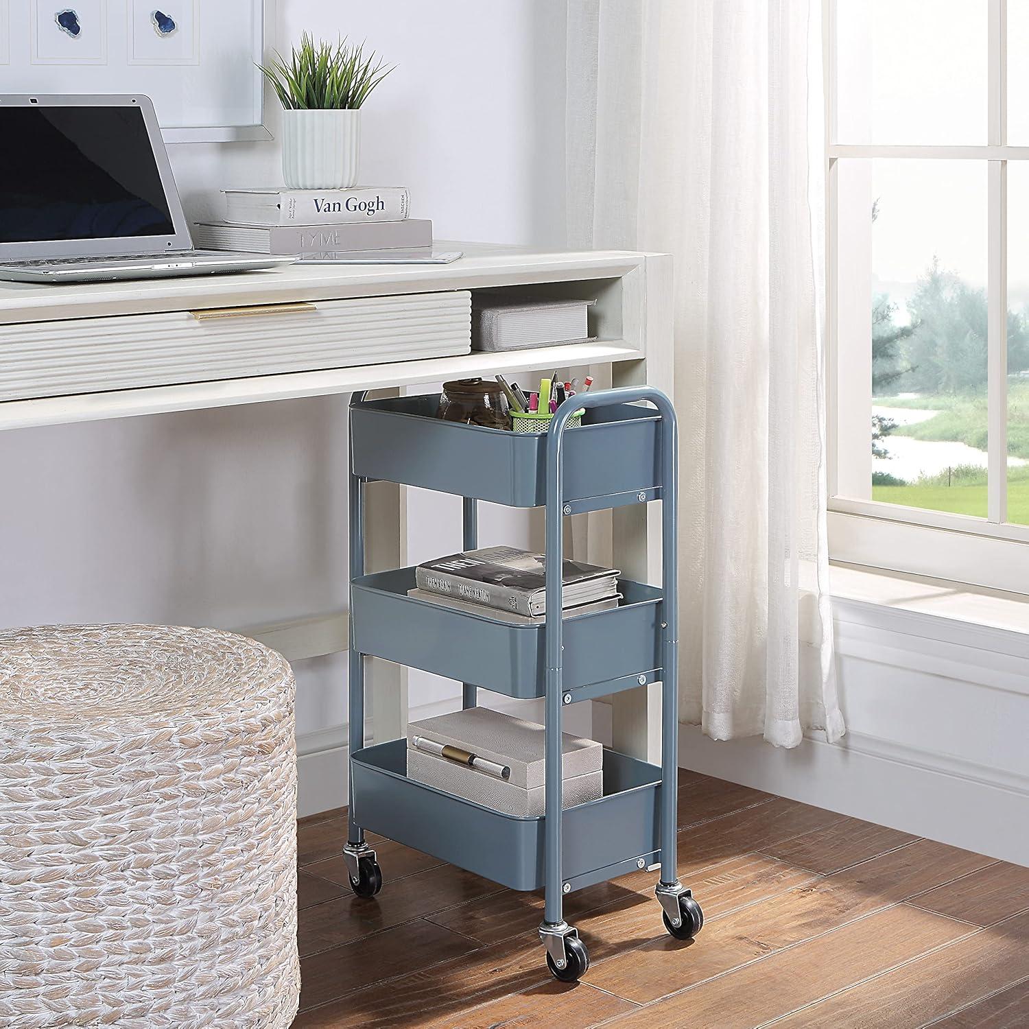 Blue Metal 3-Tier Rolling Storage Cart with Caster Wheels