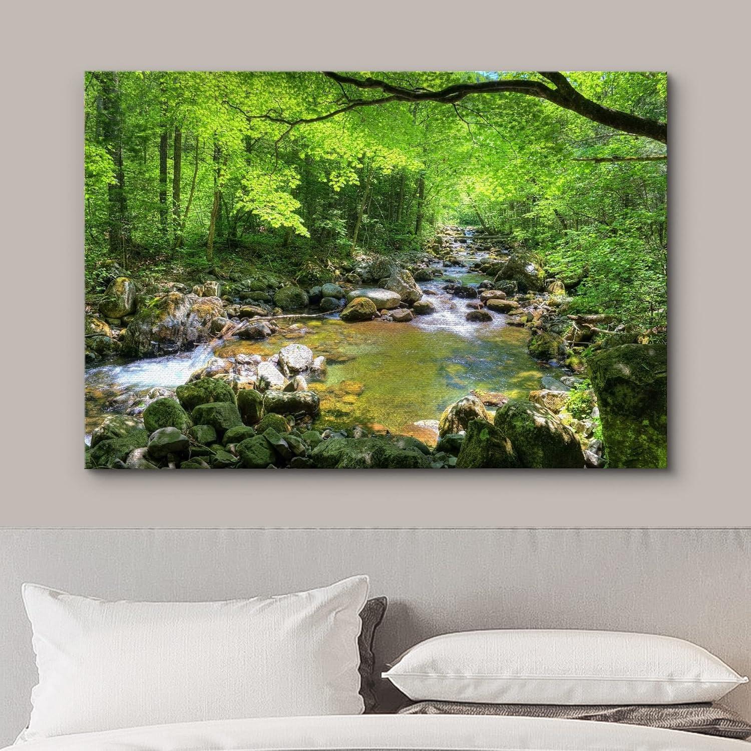 wall26 Canvas Print Wall Art River Through The Green Forest Nature Wilderness Photography Modern Art Rustic Scenic Colorful Multicolor for Living Room, Bedroom, Office - 16"x24"