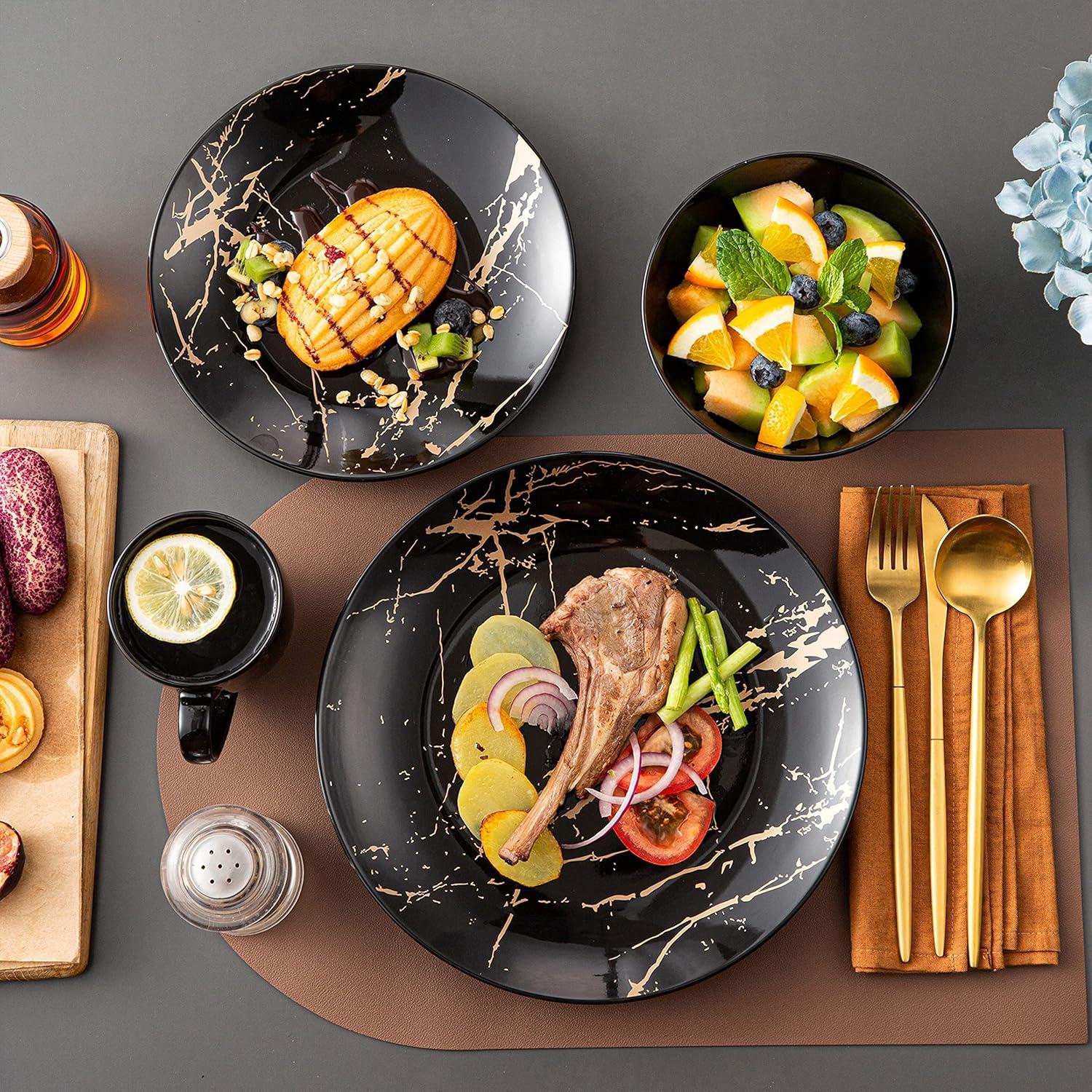 Plates And Bowls Sets For 4, Porcelain Dinnerware Sets  Gold Splash Glaze Ceramic Dish Set, Round Dinner Set With Mugs, Dishwasher Microwave Safe,(Black/16 Piece)