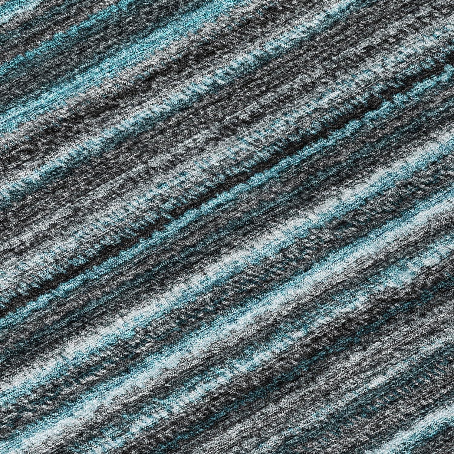 Teal and Gray Striped Synthetic 8' x 10' Washable Rug