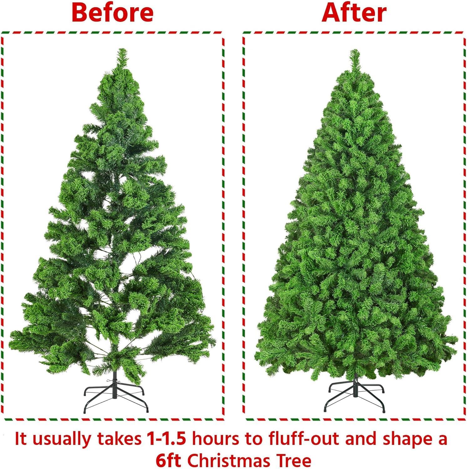 Killeryuki 6ft Pre-lit Artificial Christmas Tree with Incandescent Warm White , Snow Flocked Full Prelighted Xmas Tree with 820 Branch Tips, 250 Incandescent Lights & Foldable Stand, Pure Green