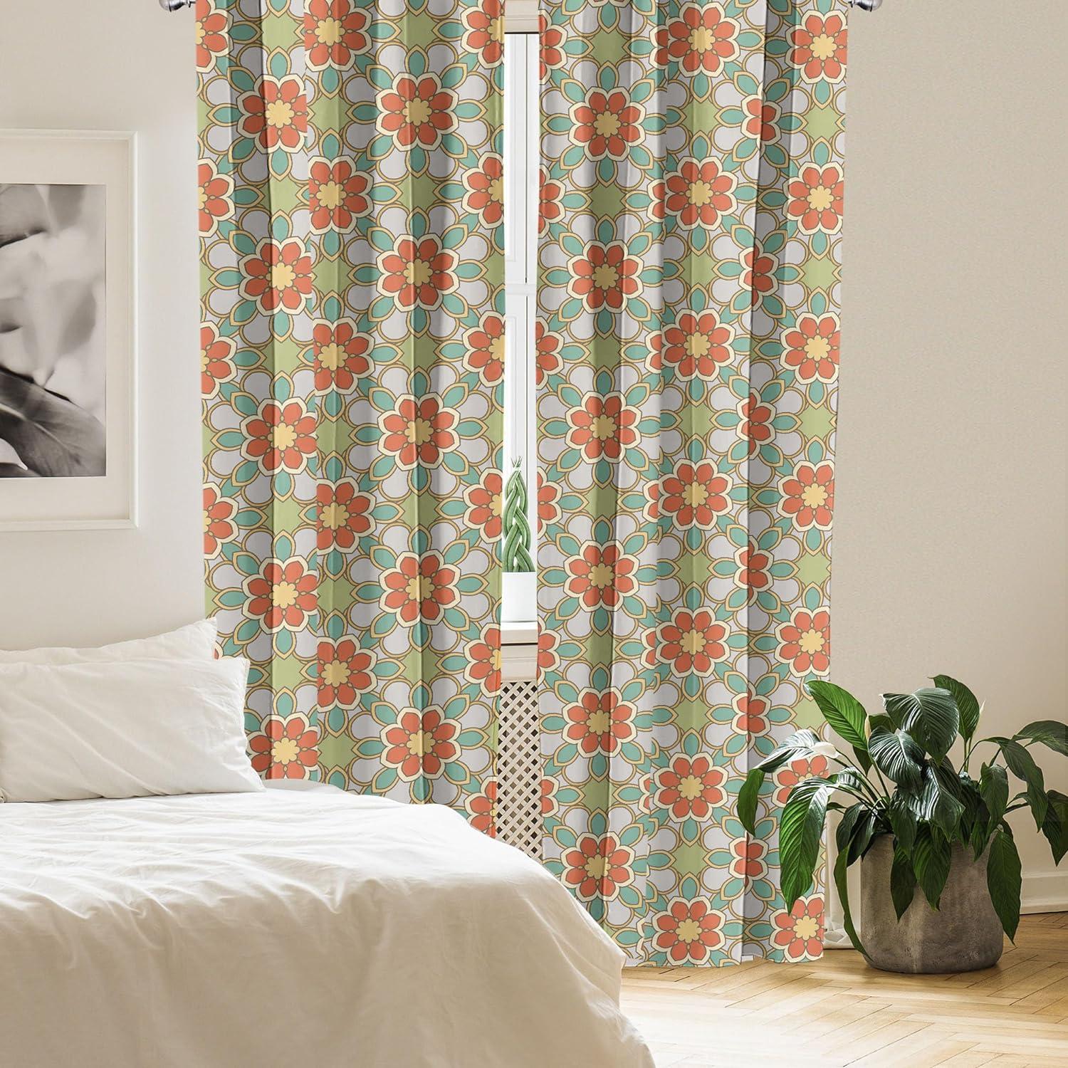 Floral Window Curtains, Print of Rhythmic Abstract Nostalgic 60's Flowers Petals Blossoms in Retro Tones, Lightweight Decor 2-Panel Set with Rod Pocket, Pair of - 28"x84", Multicolor, by Ambesonne