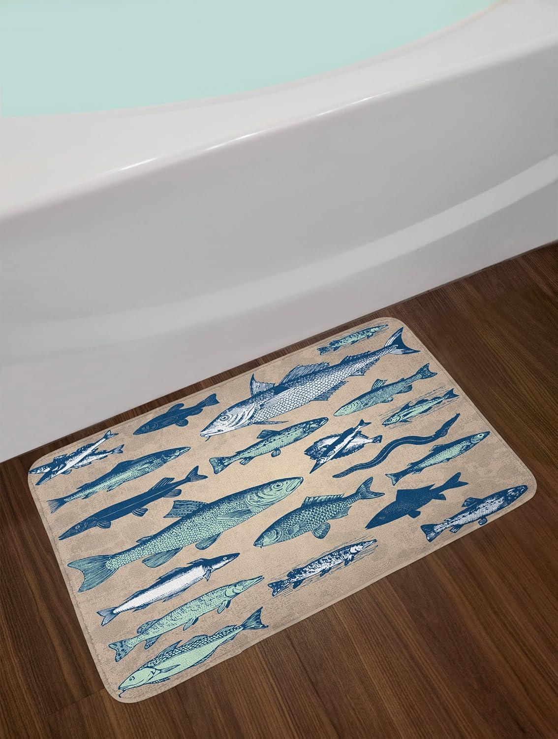 Vintage Blue Fish Print Beige Non-Slip Bath Mat