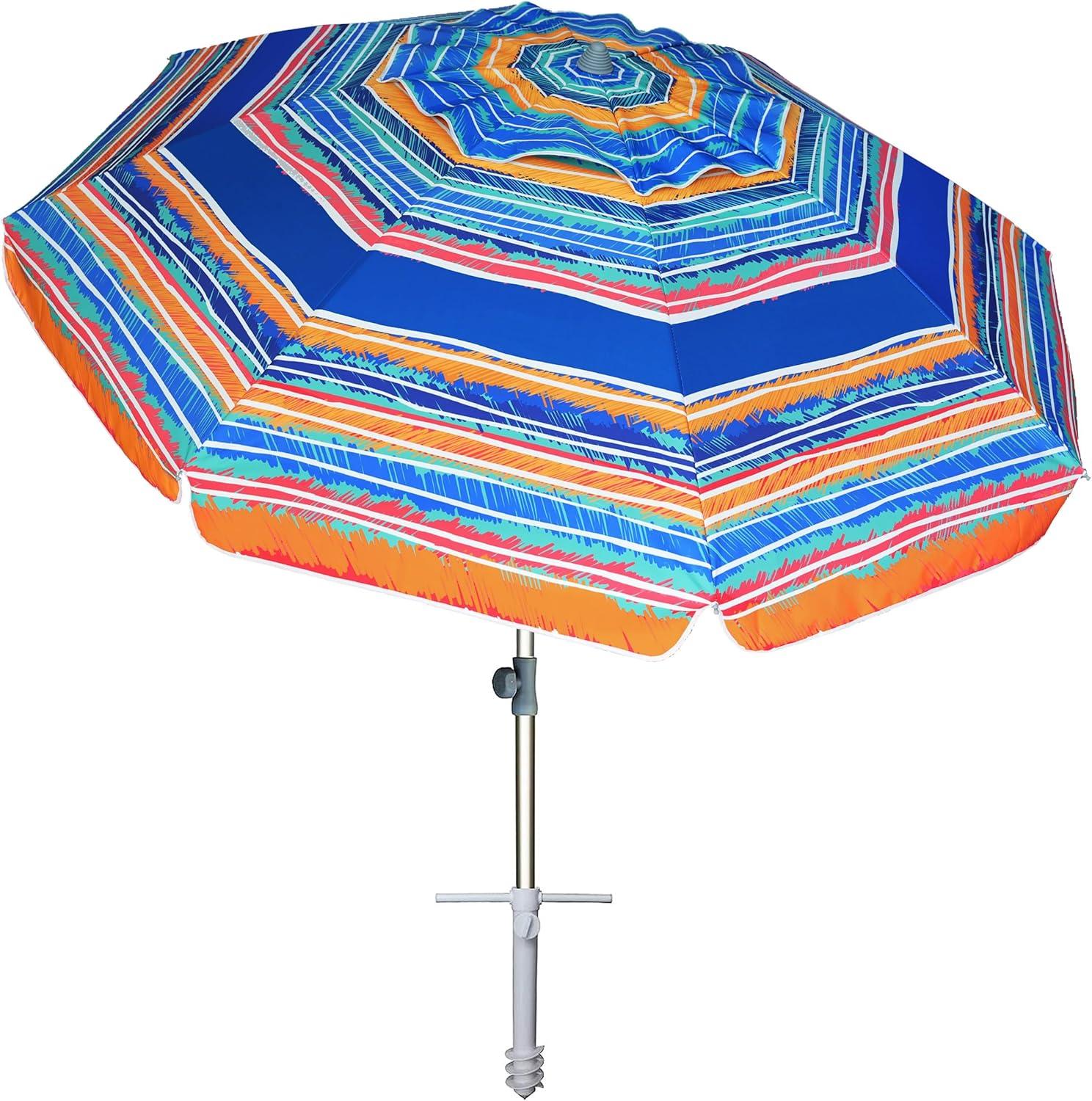 7ft Multicolor Blue Beach Umbrella with Sand Anchor and Tilt Aluminum Pole