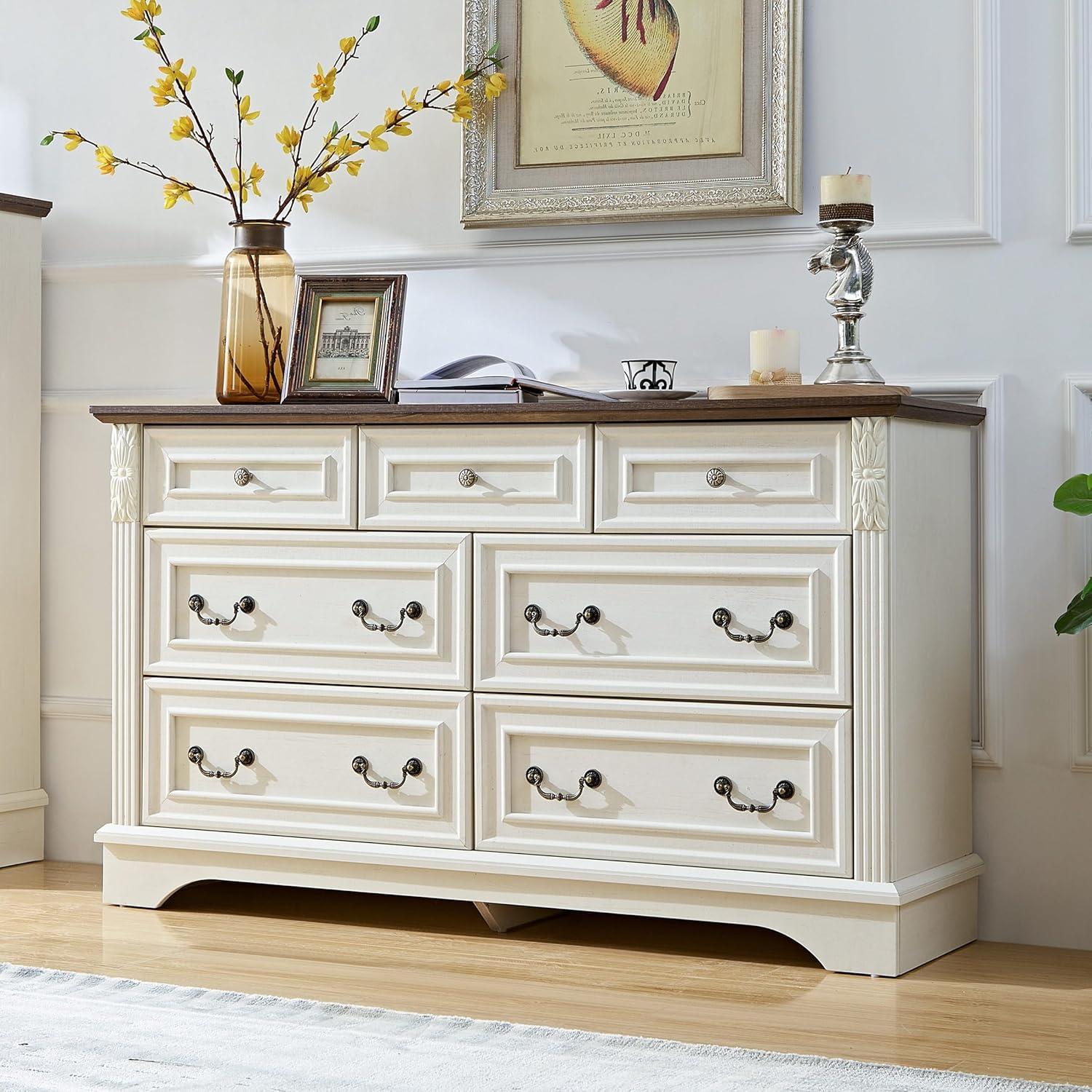 Farmhouse 7 Drawers Dresser, Dressers for Bedroom, 54" Wide Wood Rustic Chest of Drawers with Carved Pilasters, Storage Organizer, Living Room, Hallway, Antique White