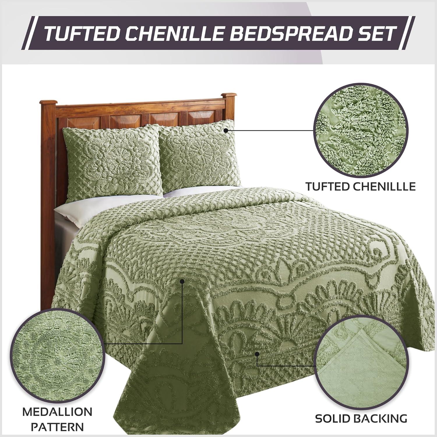 Better Trends 3 Piece Bedspread Set 100% Chenille Queen Bedding Set Soft and Breathable Machine Washable (Sage) Trevor Collection