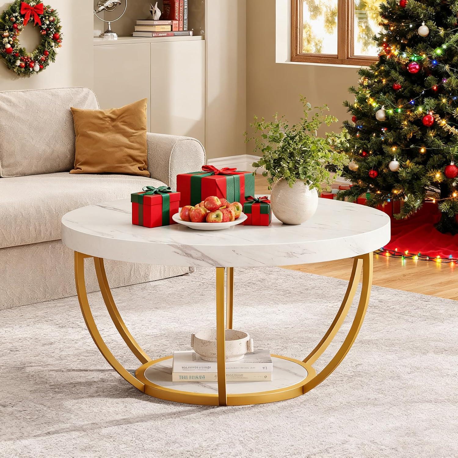 Kepooman Wooden Coffee Table, 2-Tier Round Central Cocktail Table with Shelves,White