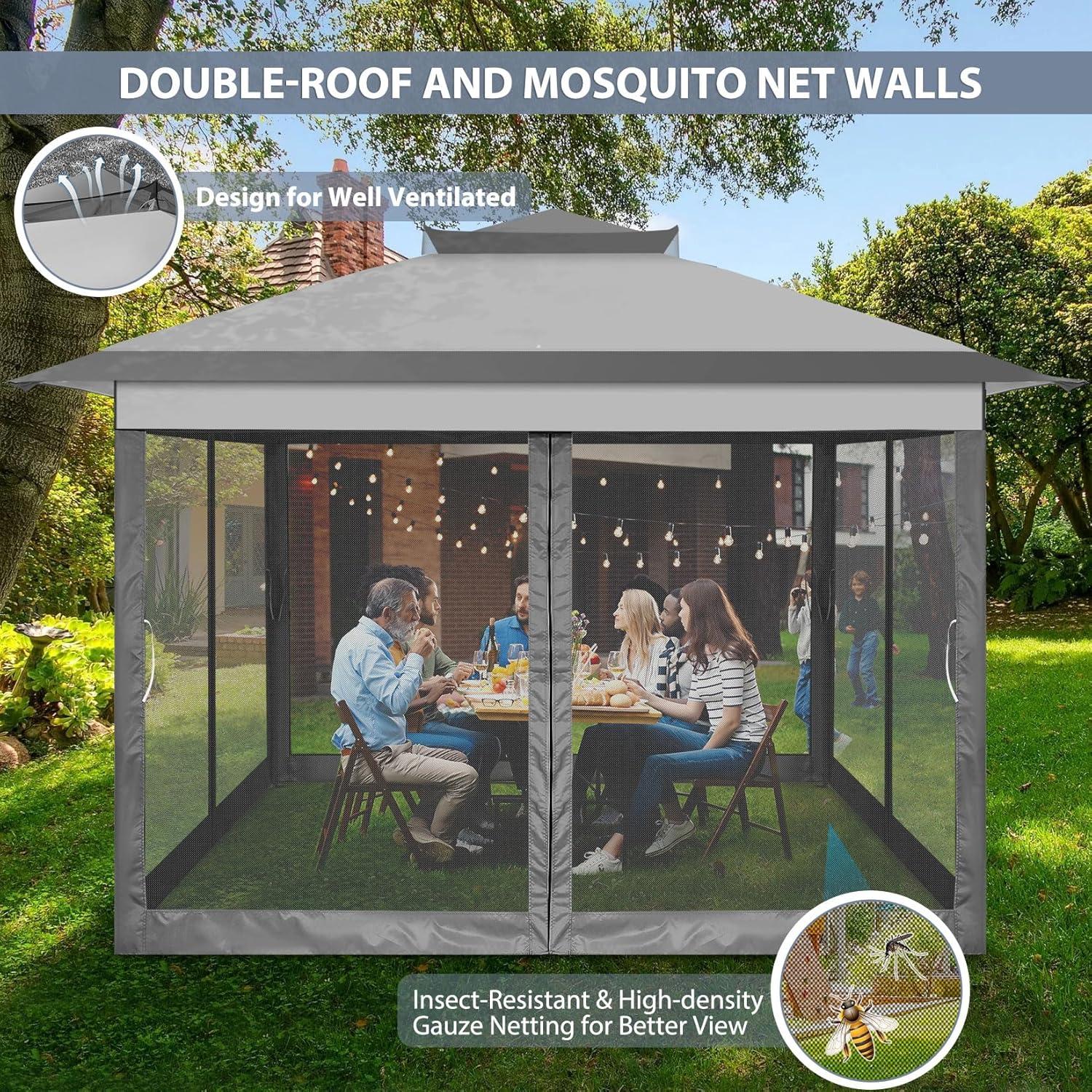 COBIZI Outdoor Canopy Gazebo 11x11 Pop up Gazebo Patio Gazebo with Mosquito Netting Outdoor Canopy Shelter with 121 Square feet of Shade for Outdoor Lawn, Garden, Backyard and Deck, Gray