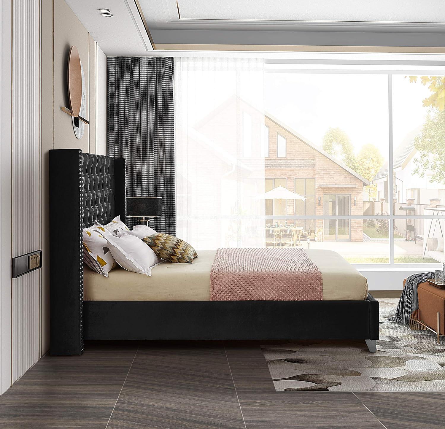 Aiden Black Velvet Queen Bed-Color:Black Velvet,Style:Contemporary
