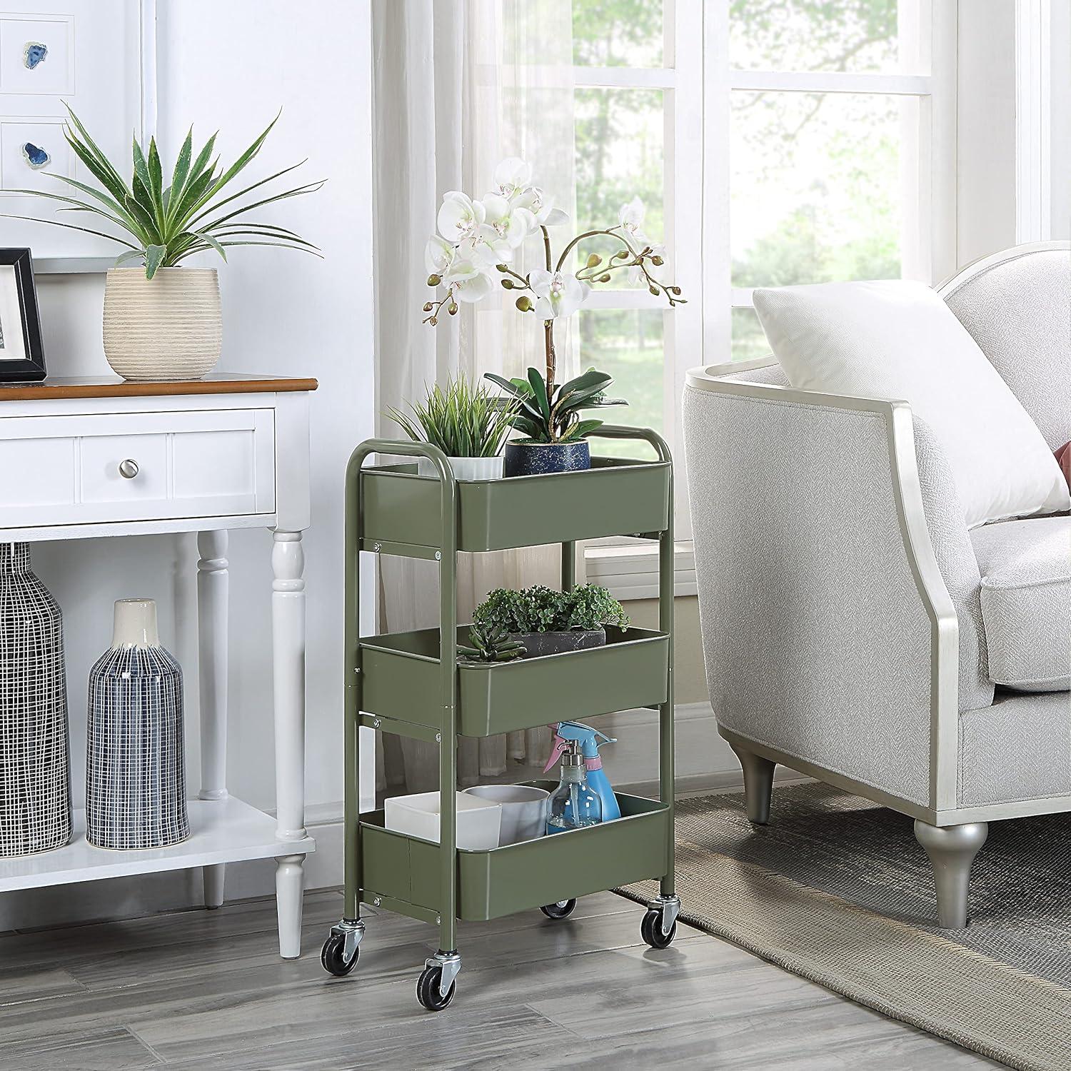 Army Green Metal 3-Tier Rolling Storage Cart