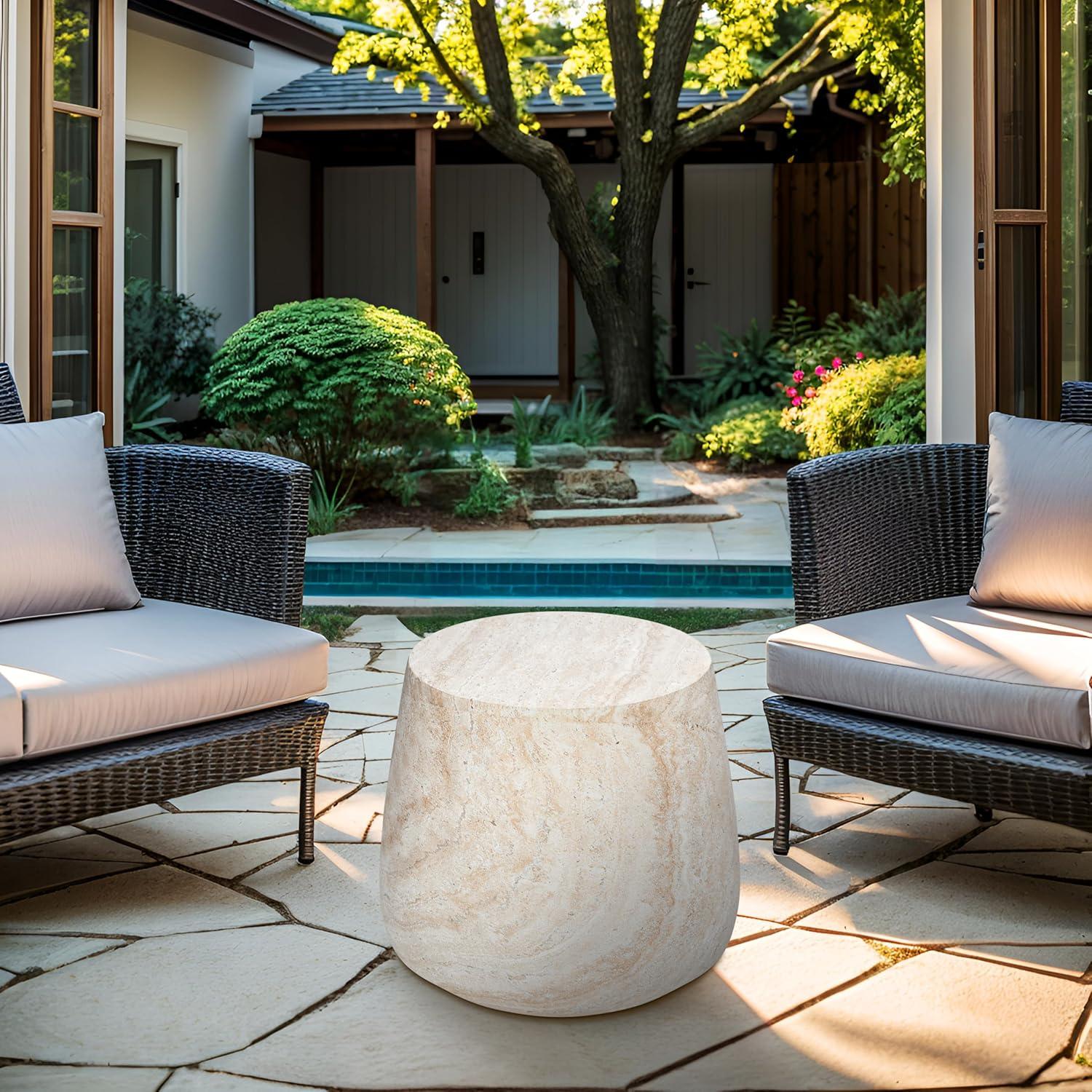 Barrel Travertine Stone Finish Italian Design MgO Side Accent Table