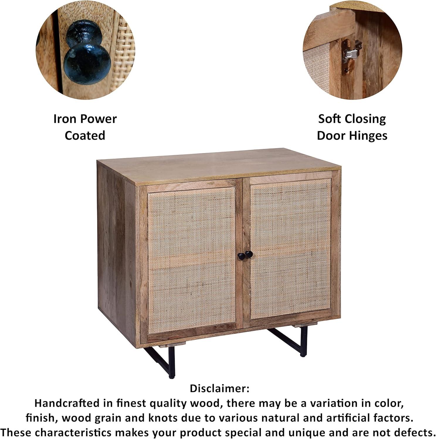 35 Inch Handcrafted Accent Cabinet with 2 Mesh Rattan Doors Black Iron Legs Natural Brown Mango Wood Frame - Saltoro