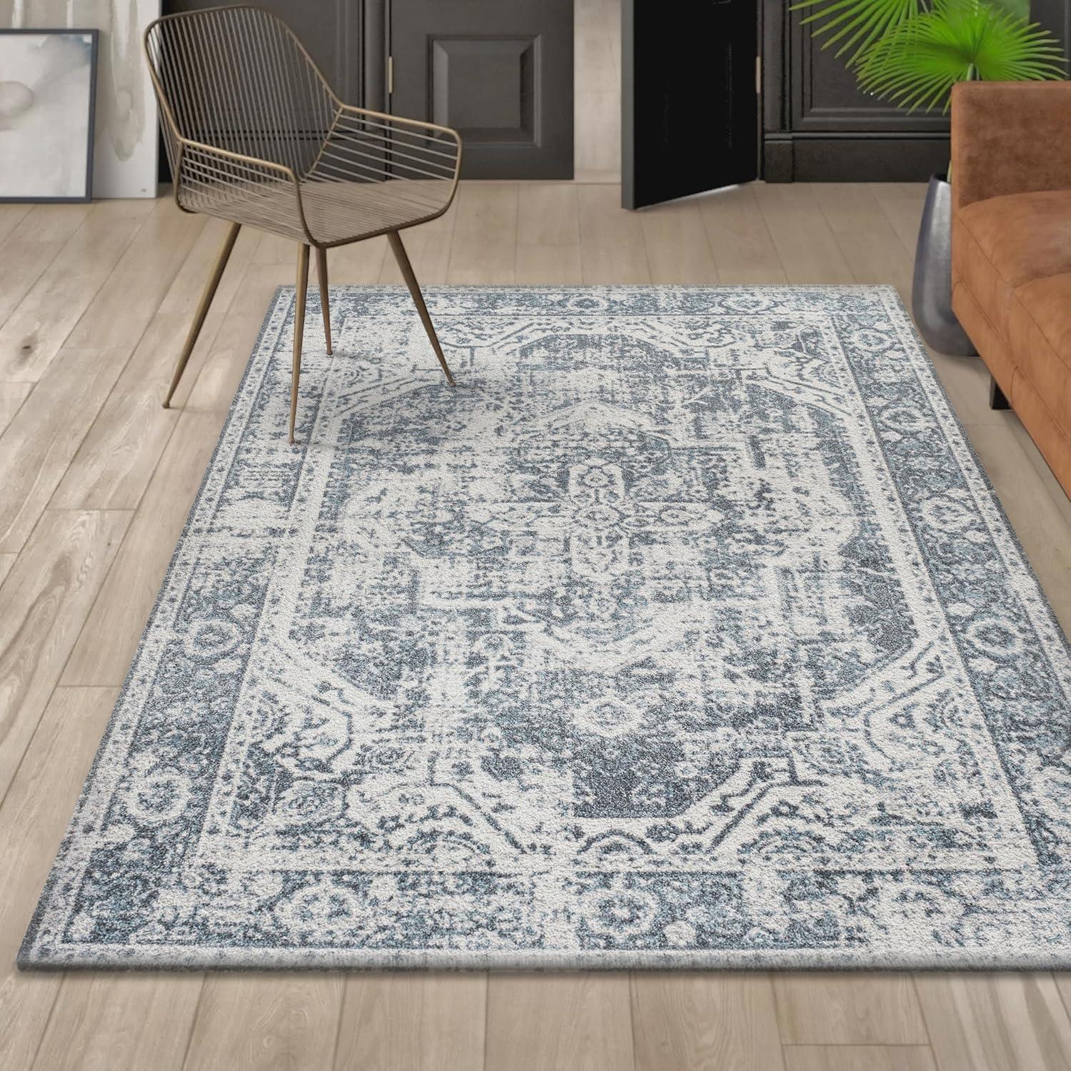 JONATHAN Y Keesha Bold Distressed Medallion Low-Pile Machine-Washable Cream/Blue 5 ft. x 8 ft. Area Rug