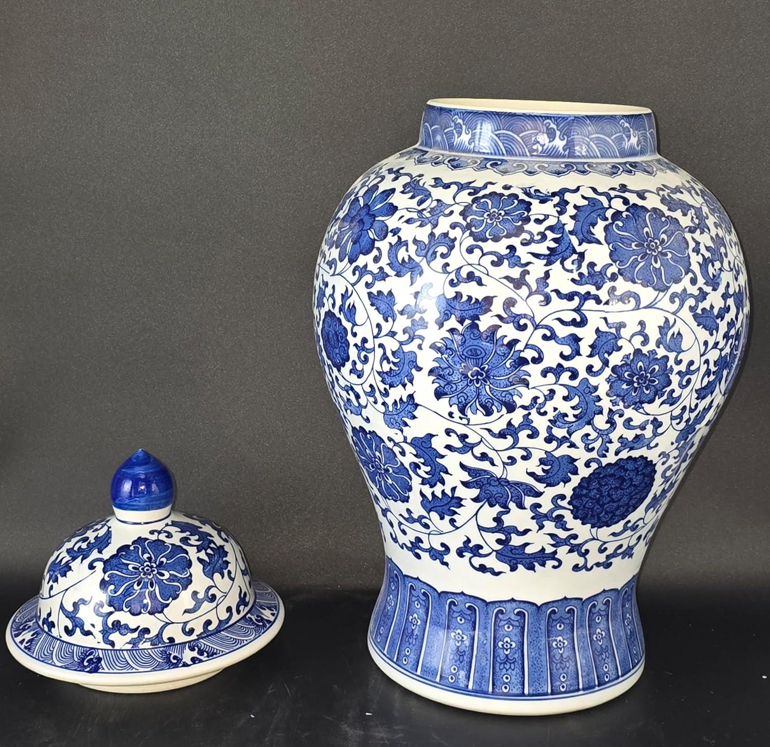 24" Floral Blue & White Porcelain Temple Jar