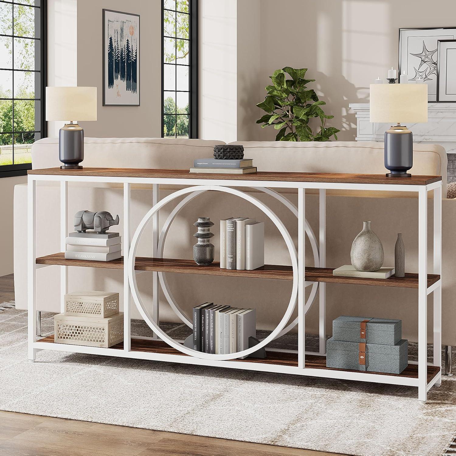 GVN Console Table, Entryway Table, 70.9" Console Table, Narrow Sofa Table with 3 Tier Storage Shelves,White & Walnut