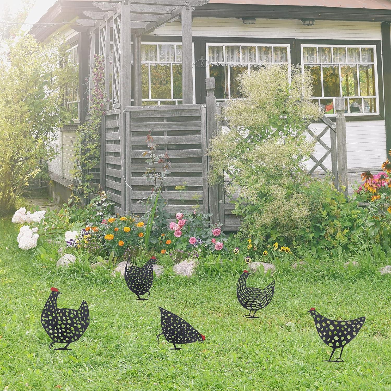 AOZITA 5 PCS 13 inch Metal Chicken Yard Art Garden Decorative Stake Hollow Out Rooster Animals Silhouette Statue Decor, Pathway, Floor, Garden, Lawn, Outdoor Decoration