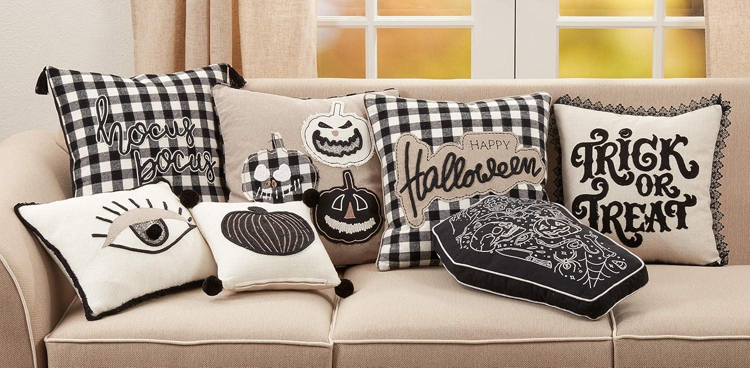 Natural Embroidered Trick-Or-Treat Square Throw Pillow