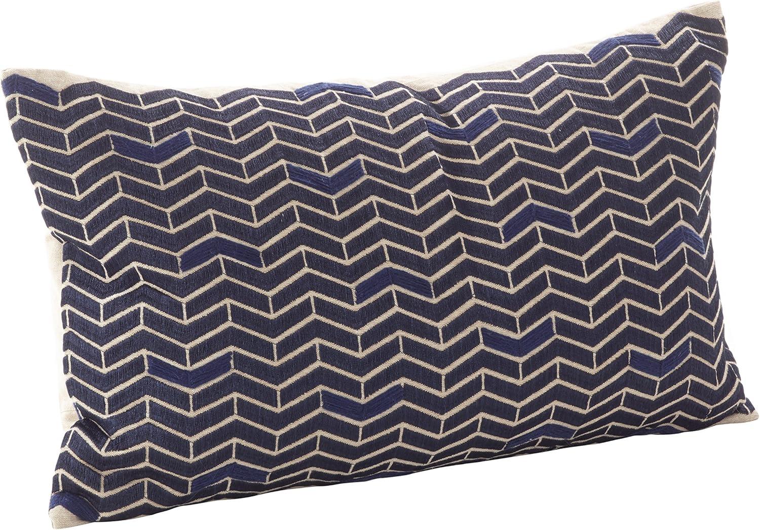 Navy Blue Chevron Cotton Lumbar Throw Pillow with Feather Fill