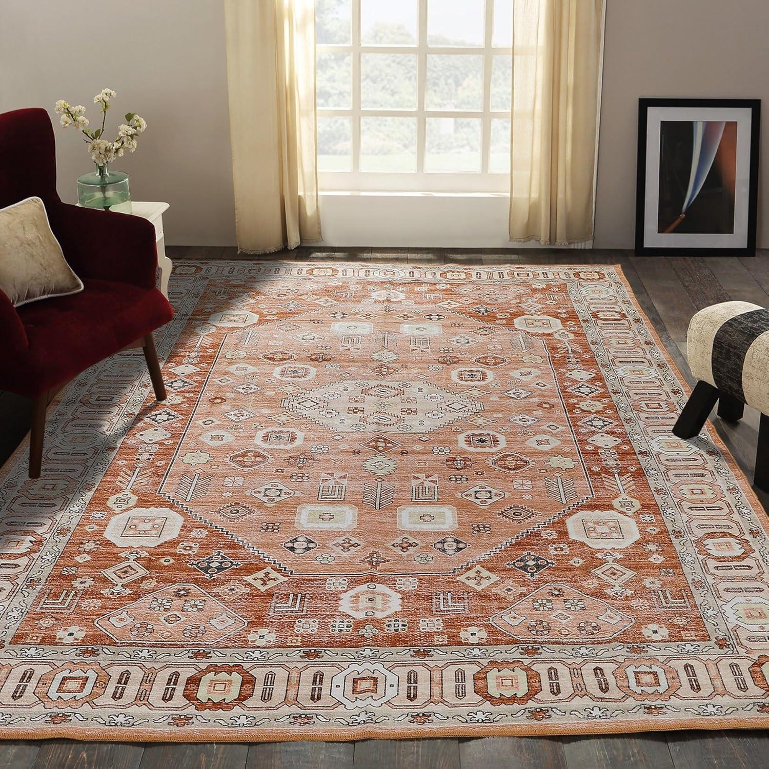 Machine Washable Thin Area Rug - Oriental Vintage Rust Red Kitchen, Bedroom, Hallway, Bathroom, and Entryway 3x5 Rugs - Stain and Water-Resistant - Non-Slip - Pet and Kid Friendly