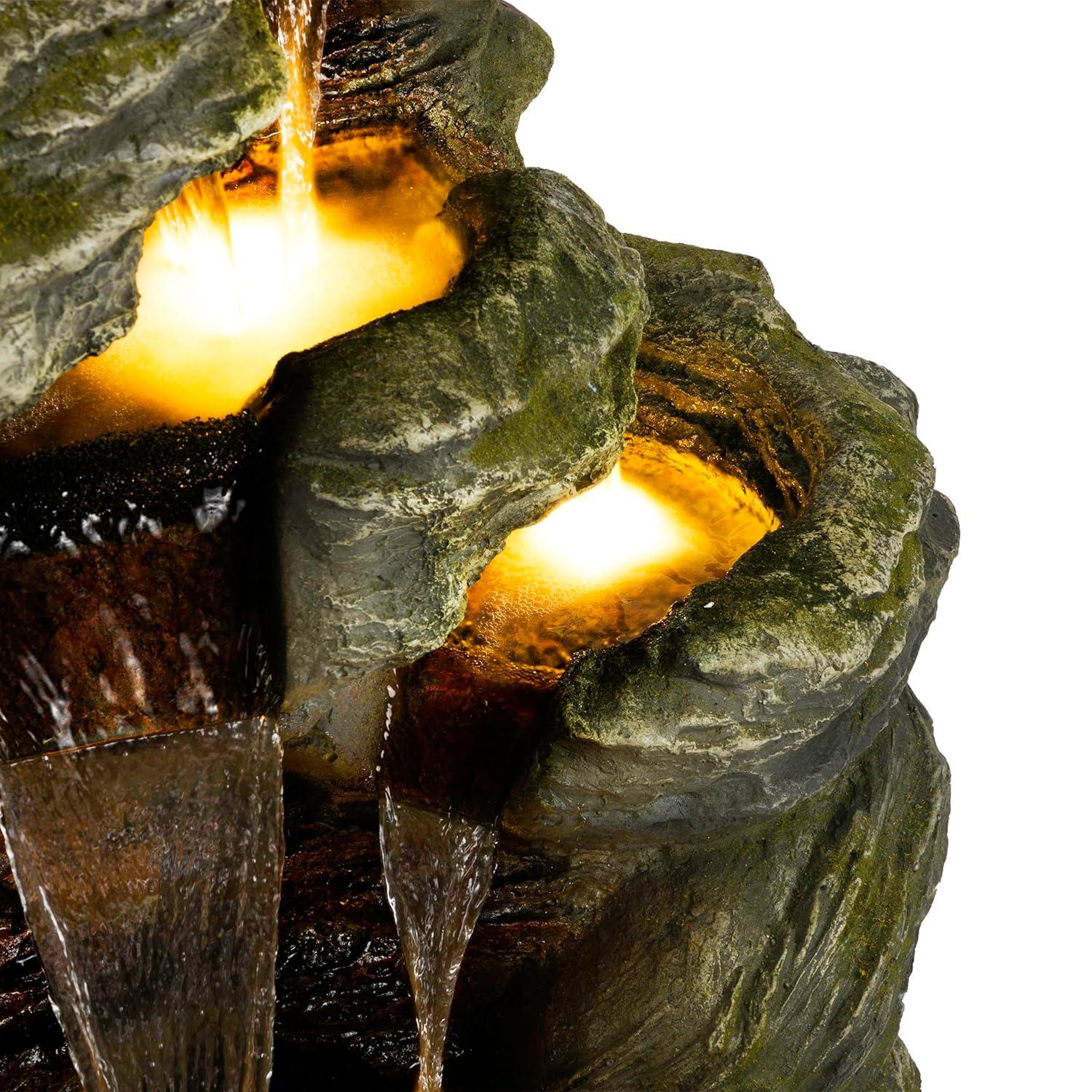 51" Resin Rock Cascading Fountain with LED Lights Gray - Alpine Corporation: Waterfall Feature, Birdbath