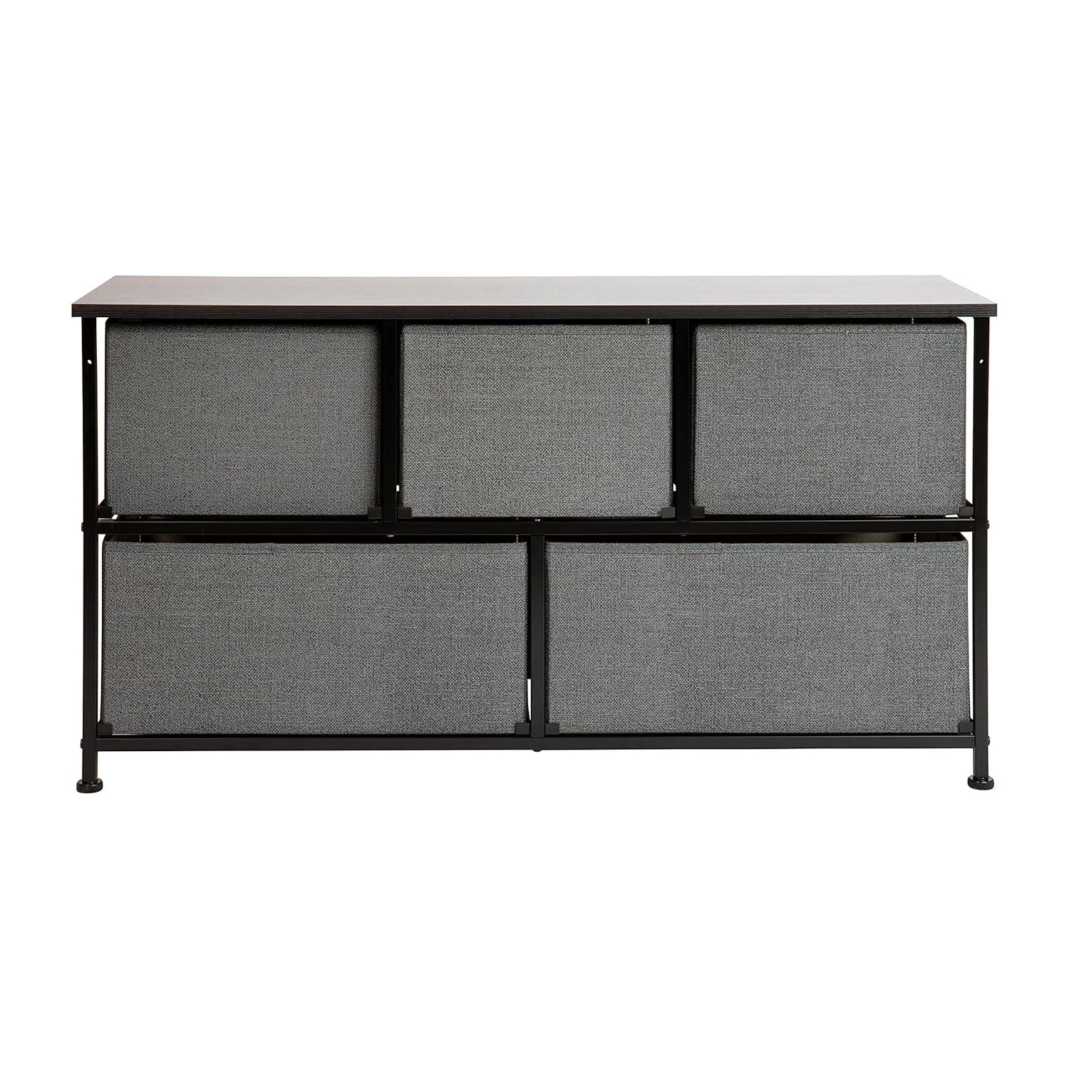 Flash Furniture 5 Drawer Wood Top Black Cast Iron Frame Vertical Storage Dresser with Dark Gray Easy Pull Fabric Drawers
