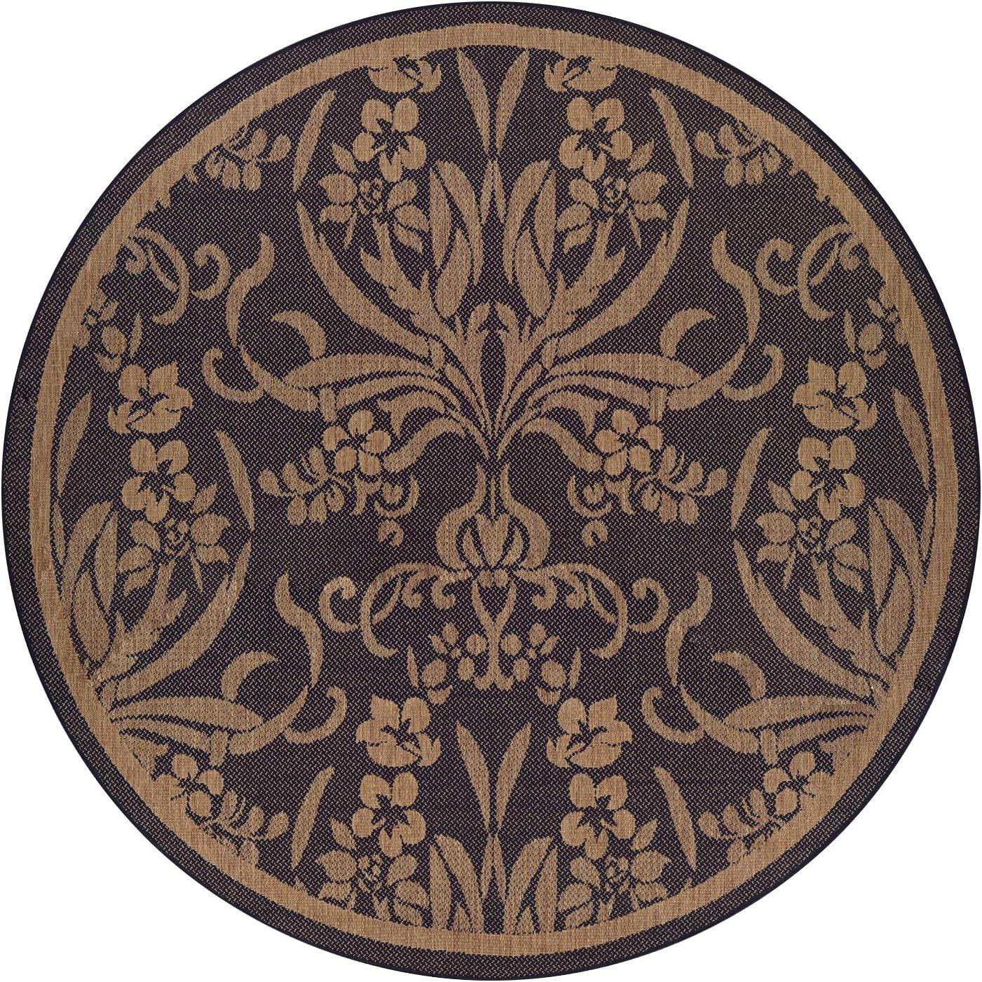 Black and Cocoa Round Stain-Resistant Synthetic Rug, 7'6"