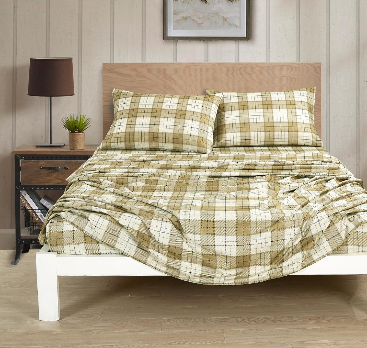 Twin Tan Plaid Microfiber Deep Pocket Bed Sheet Set