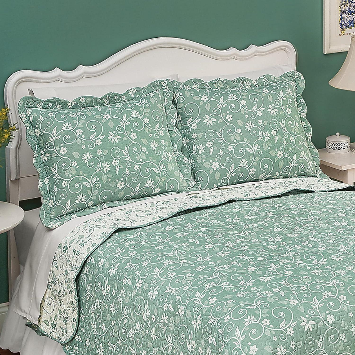 Collections Etc Floral Scroll Two-Tone with Scalloped Edges Reversible Pillow Sham, Sage, Sham