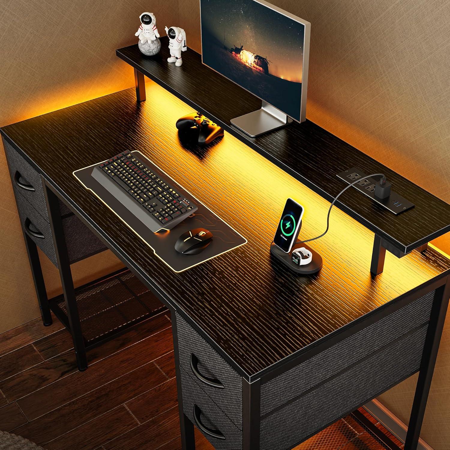 Black Rectangular Gaming Desk with LED Lights, Drawers, and Power Outlets