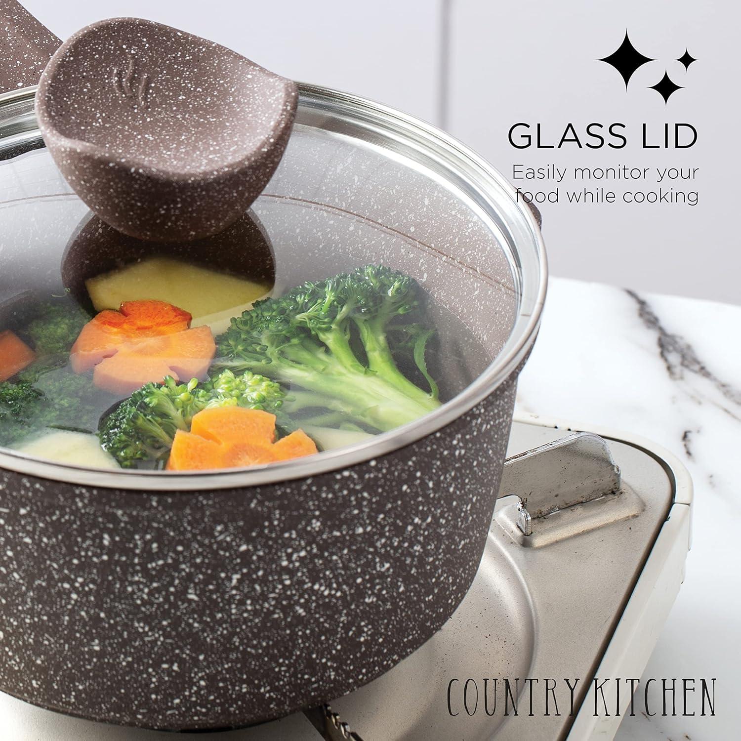 Chocolate Brown Non-Stick Cast Aluminum Cookware Set with Glass Lids, 6 Pc.