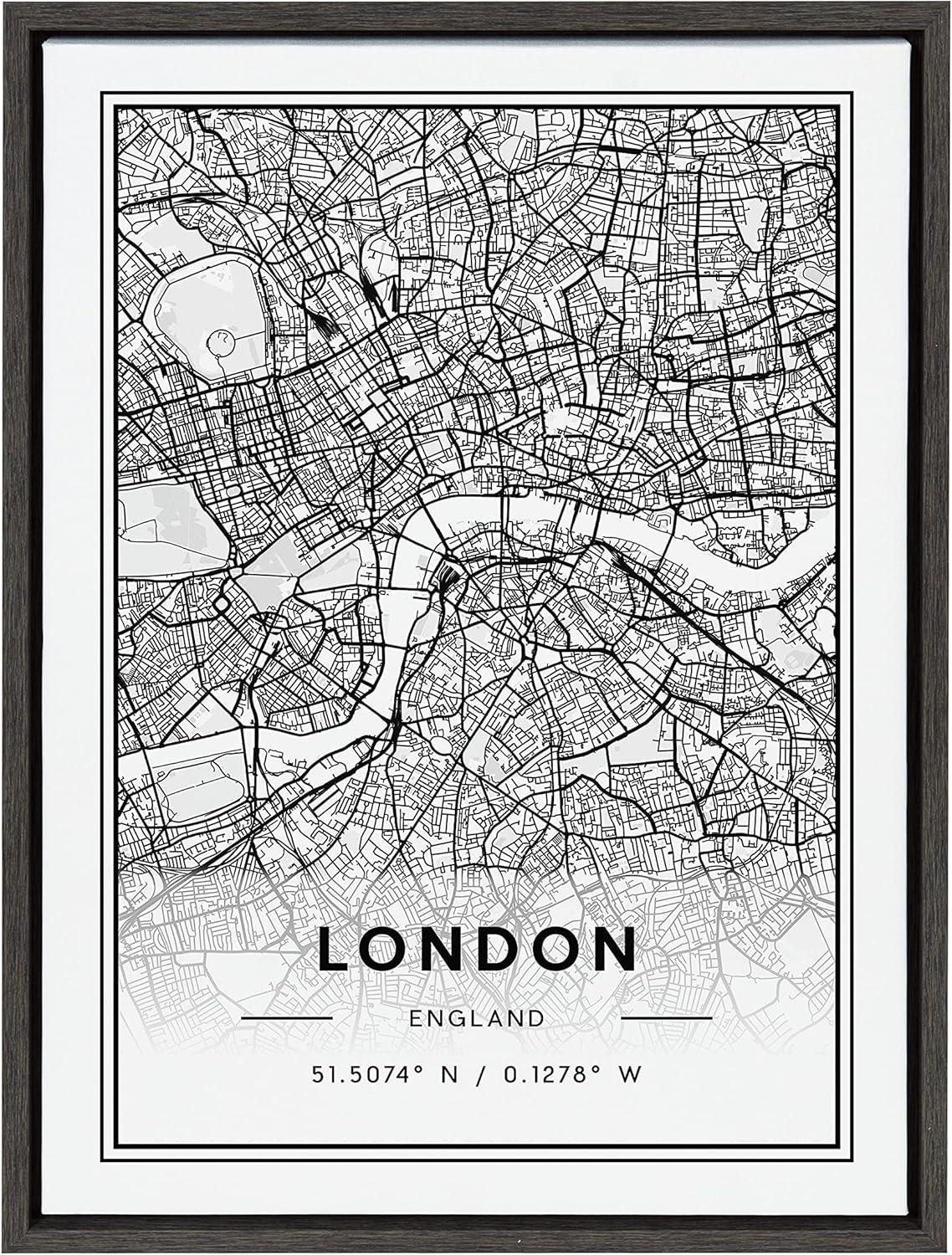 Kate and Laurel Sylvie London Modern Map Framed Canvas Wall Art by Jake Goossen, 18x24 Gray, Decorative Map of London for Wall