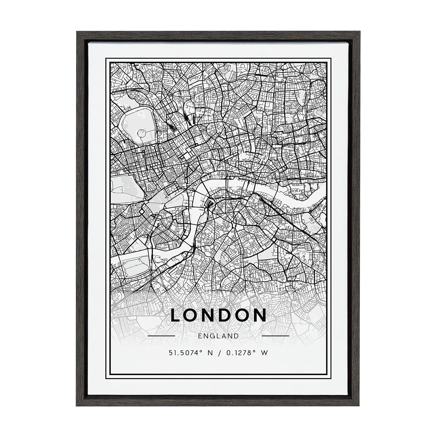 18" x 24" Sylvie London Modern Map by Jake Goossen Framed Wall Canvas Gray - Kate & Laurel All Things Decor
