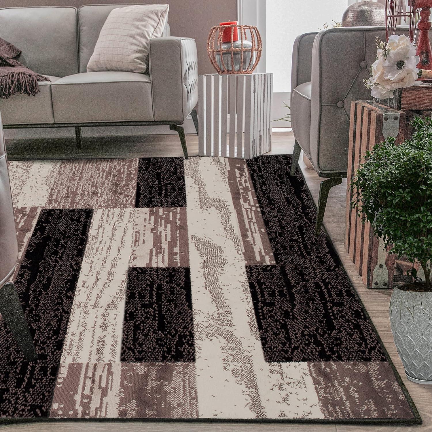 Superior 3' x 5' Area Rug For Living Room Bedroom, Rockwood Geometric Indoor Rugs, Chocolate