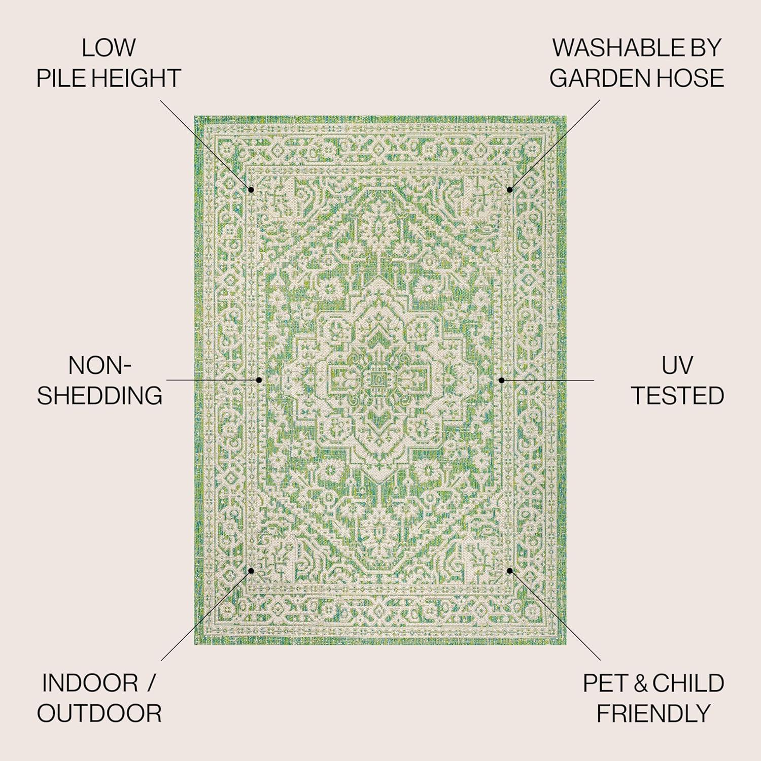 5' x 5' Sinjuri Medallion Textured Weave Indoor/Outdoor Area Rug, Cream/Green - JONATHAN Y