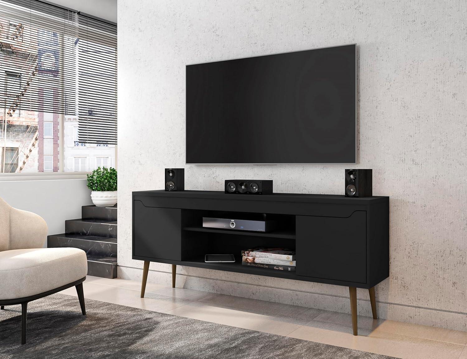 Bradley TV Stand for TVs up to 60" Black - Manhattan Comfort: Modern Entertainment Center with Open Shelves