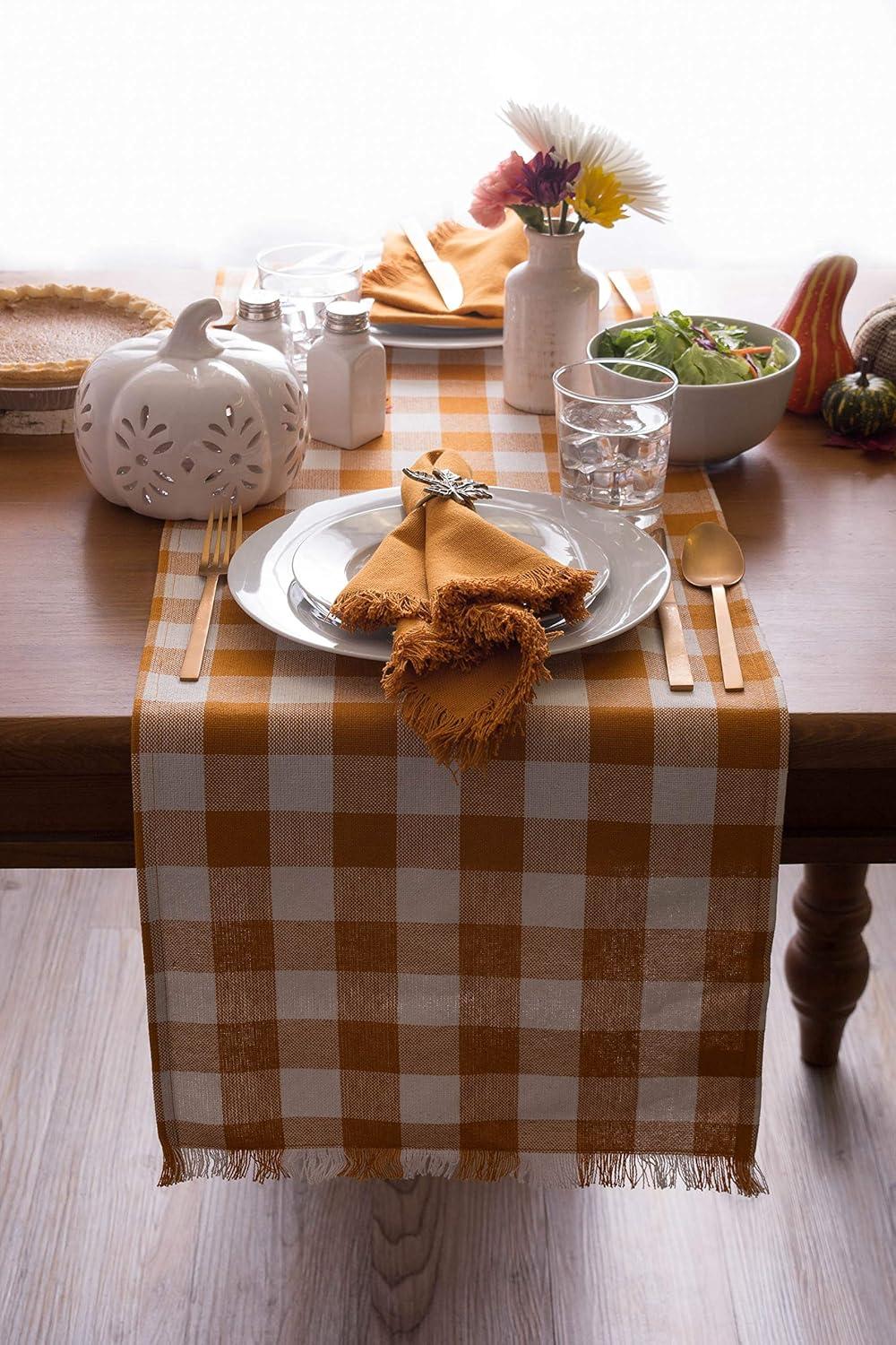 Pumpkin Spice Heavyweight Check Fringed Table Runner 14X108