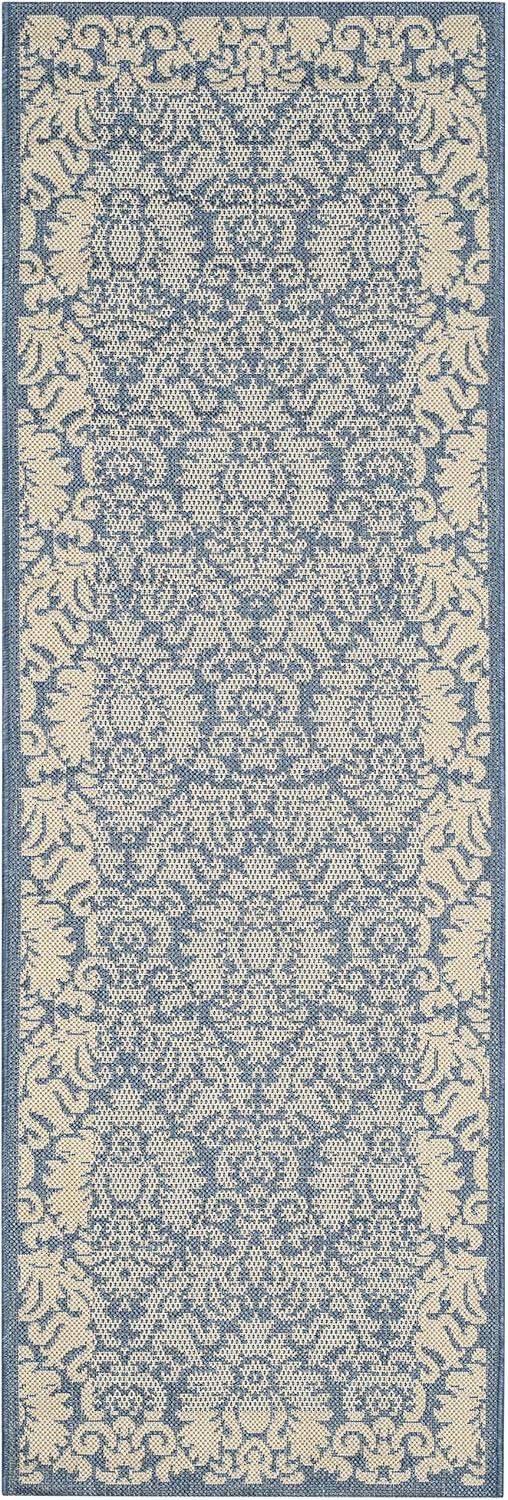 SAFAVIEH Courtyard Dani Damask Bordered Indoor/Outdoor Runner Rug, 2'3" x 12', Blue/Natural